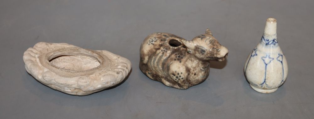 An Annamese Hoi An cargo blue and white miniature vase, an Annamese ox water dropper and a biscuit crab box